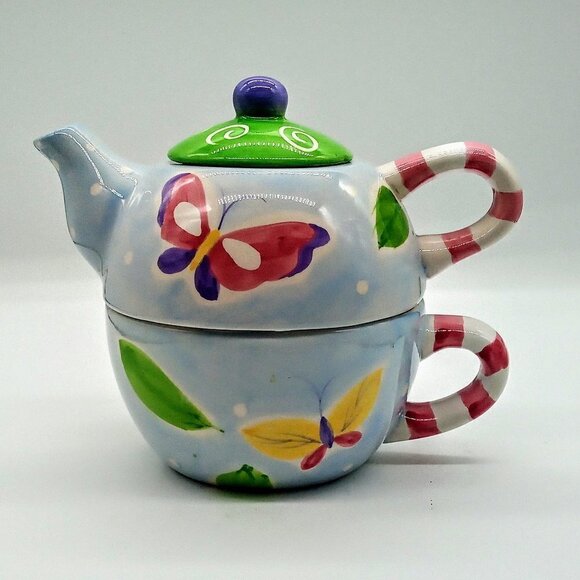 Ganz Tea for One Butterfly Pastel Ceramic Tea Set - Picture 1 of 9